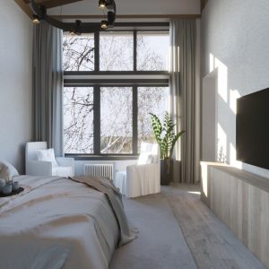 дизайн спальни с большим окном